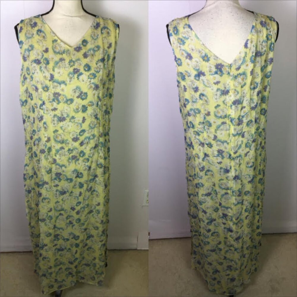 Vintage Carol Anderson Maxi Dress Size 16 Womans Yellow Floral V-neck Sleeveless